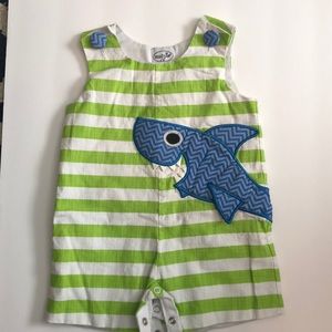 Lime green and white jumper with blue shark